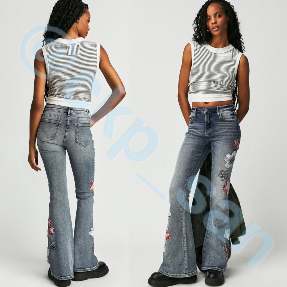 NWOT Free People x Driftwood Farrah Embroidered Flare Jeans Sz 24 - Picture 2 of 16